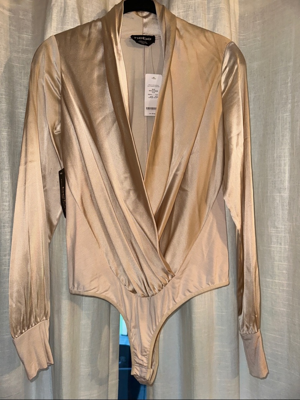 bebe Shimmery Champagne Drape-Front Long-Sleeve Bodysuit